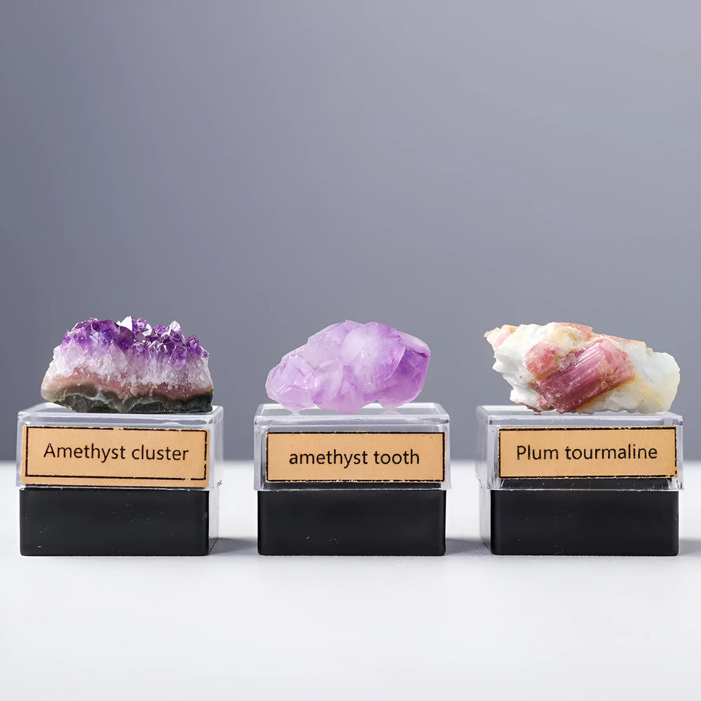 Natural amethyst crystal ore mineral specimen decoration in geometric shape on white background