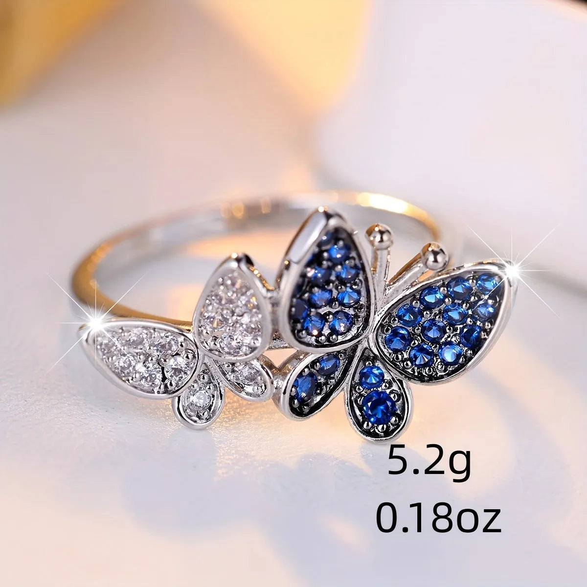 Blue and white butterfly ring for women, copper with electroplating finish, size No 8