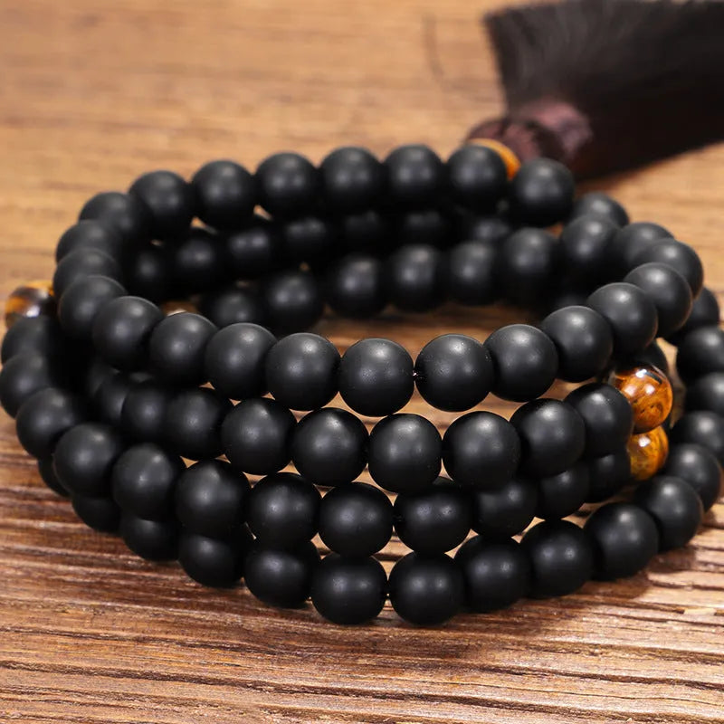 108 stone tigereye yoga beaded bracelet necklace set with tassel pendant