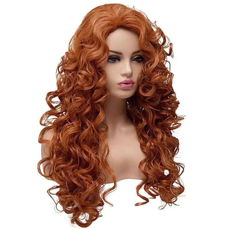 Brown long curly synthetic wig with wavy texture and heat-resistant fibres
