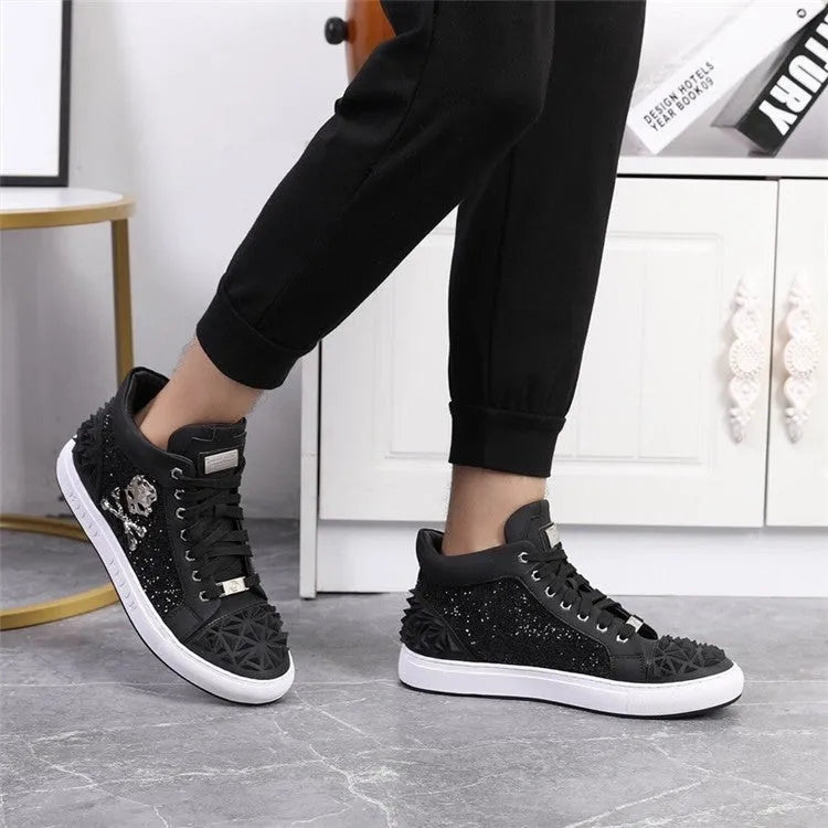 Men's black genuine leather high top skeleton shoes with white rubber sole and lace-up front
