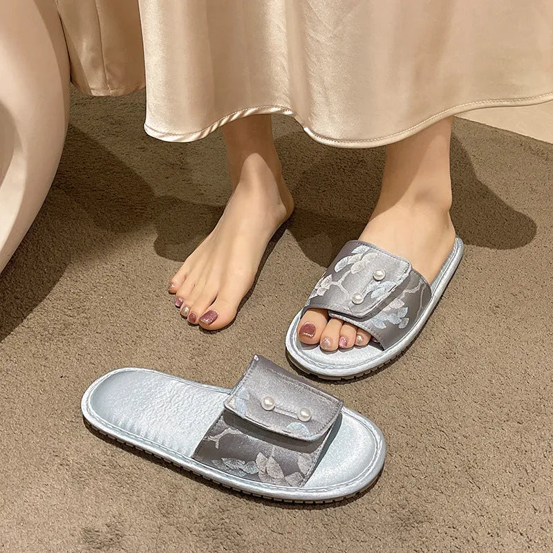 Casual soft bottom non-slip flat sandals with TPR sole, breathable spliced upper, available in blue pink and white colours
