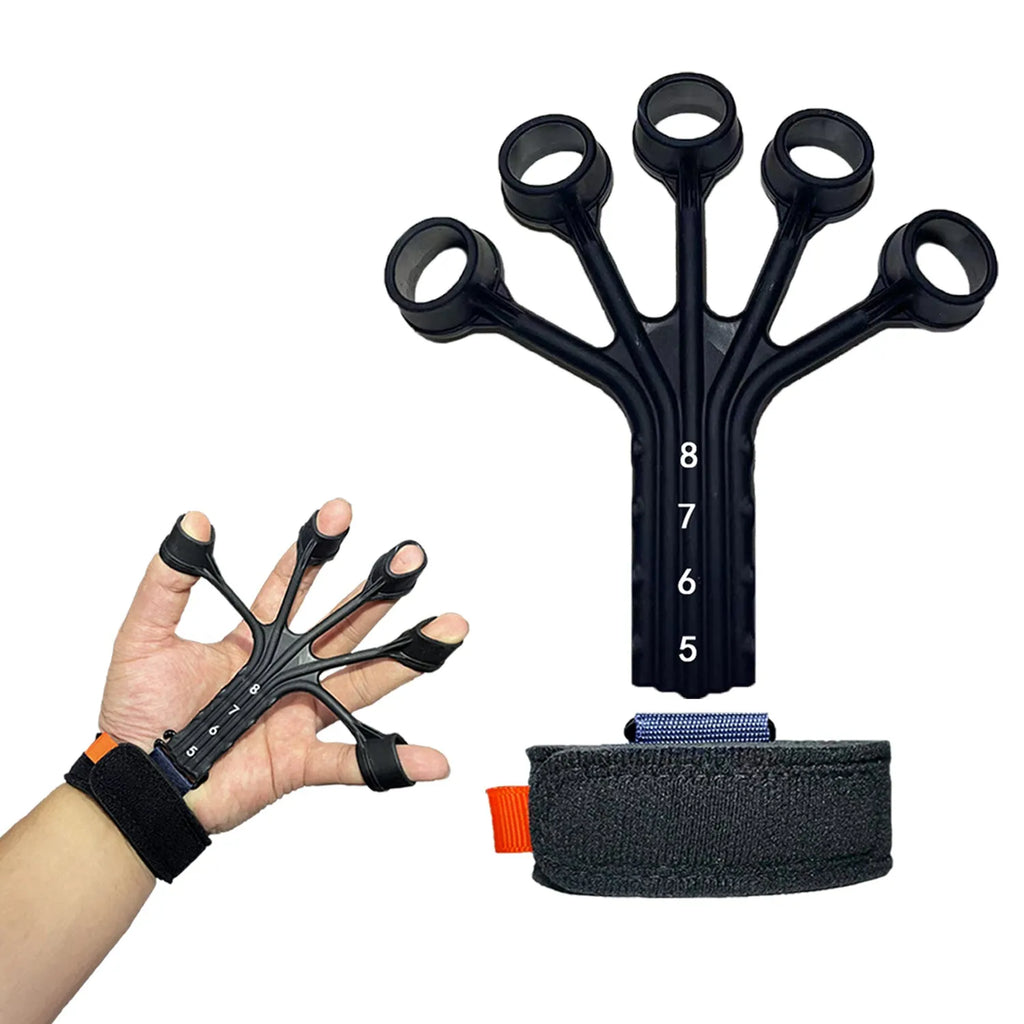 Black silicone finger flexion and extension trainer with adjustable belt for resistance training.