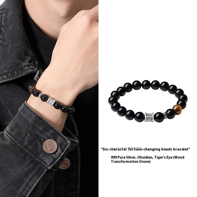 Obsidian six-word mantra bracelet for men, hand-woven 10mm beads, prayer wheel design, black colour