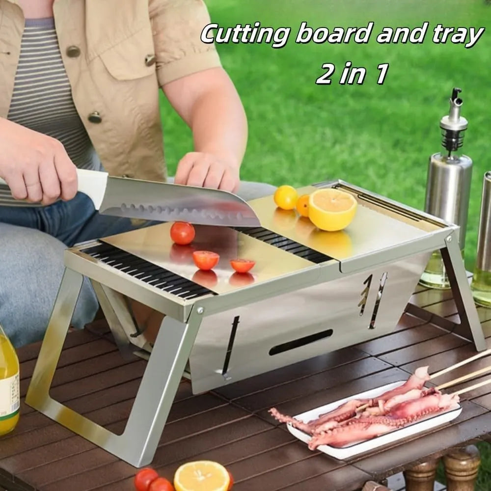 Small portable charcoal grill with folding metal frame for outdoor cooking