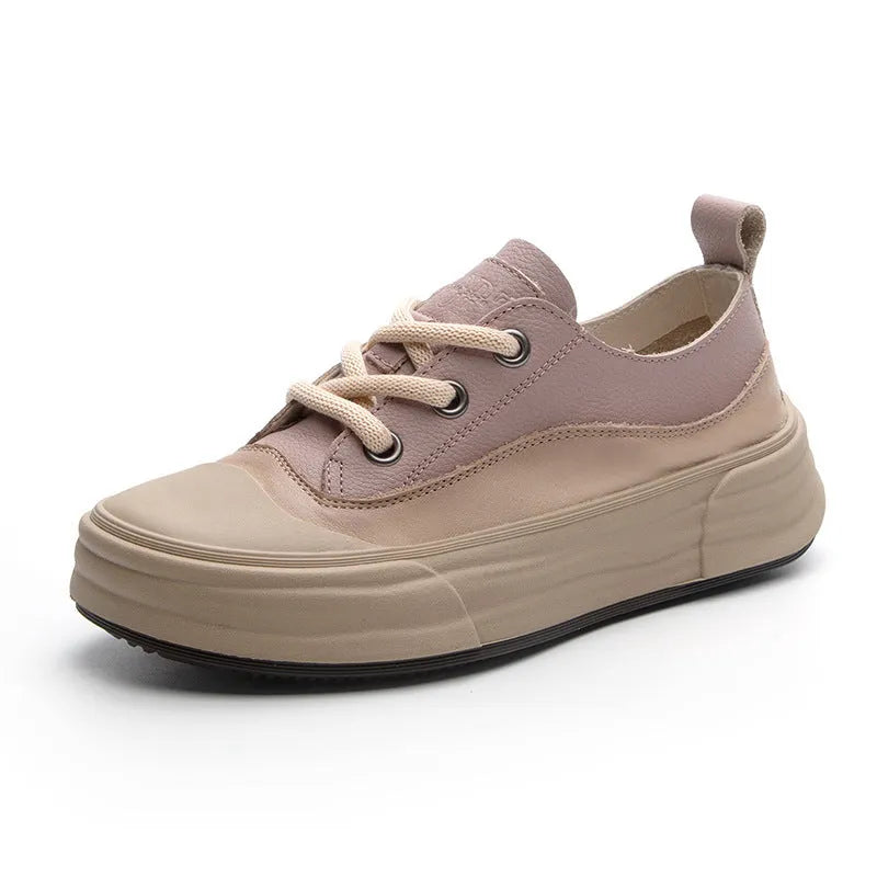 Women's leather platform sneakers in matcha green with round toe and lace-up design