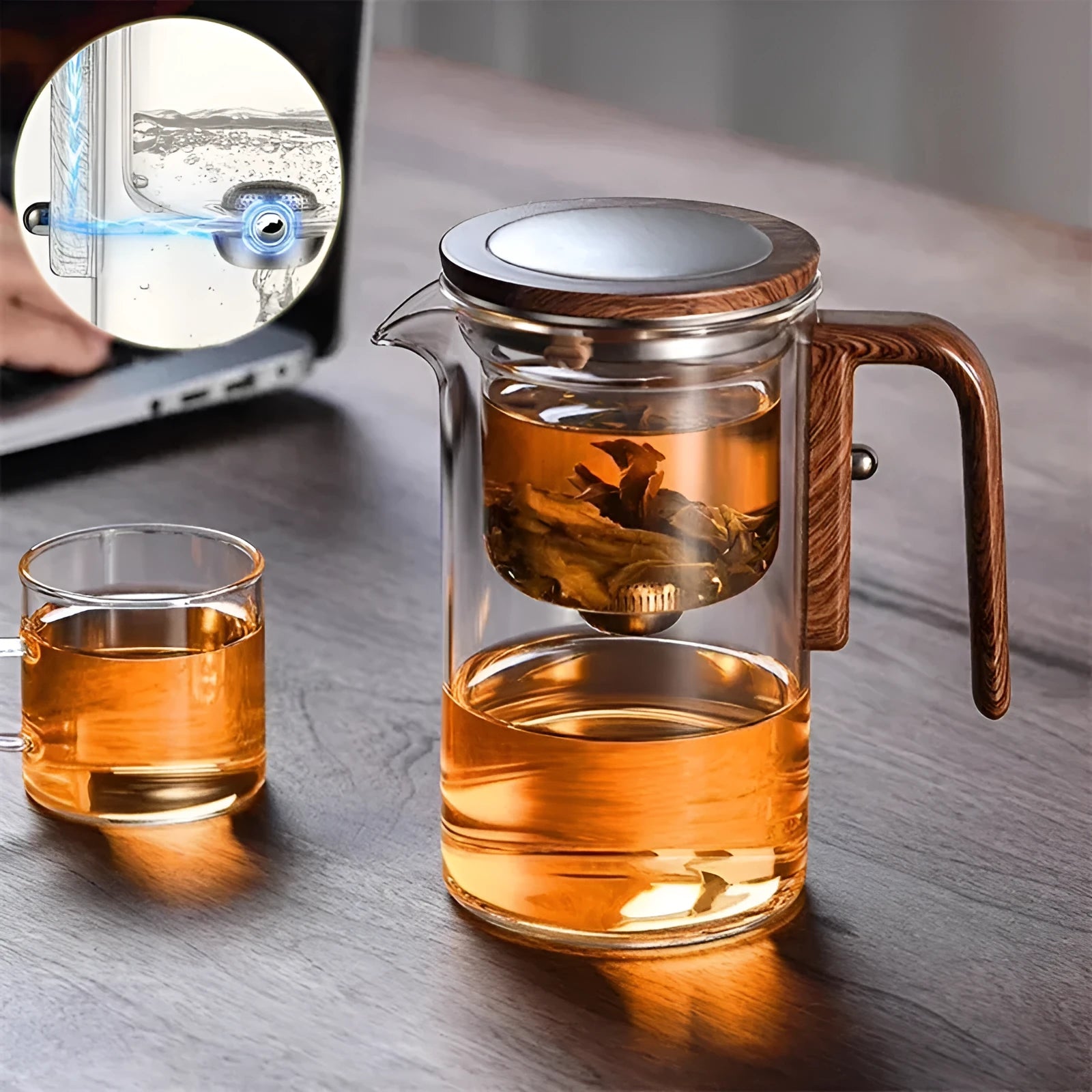 One click magnetic separation glass teapot with walnut wood handle and tea tray