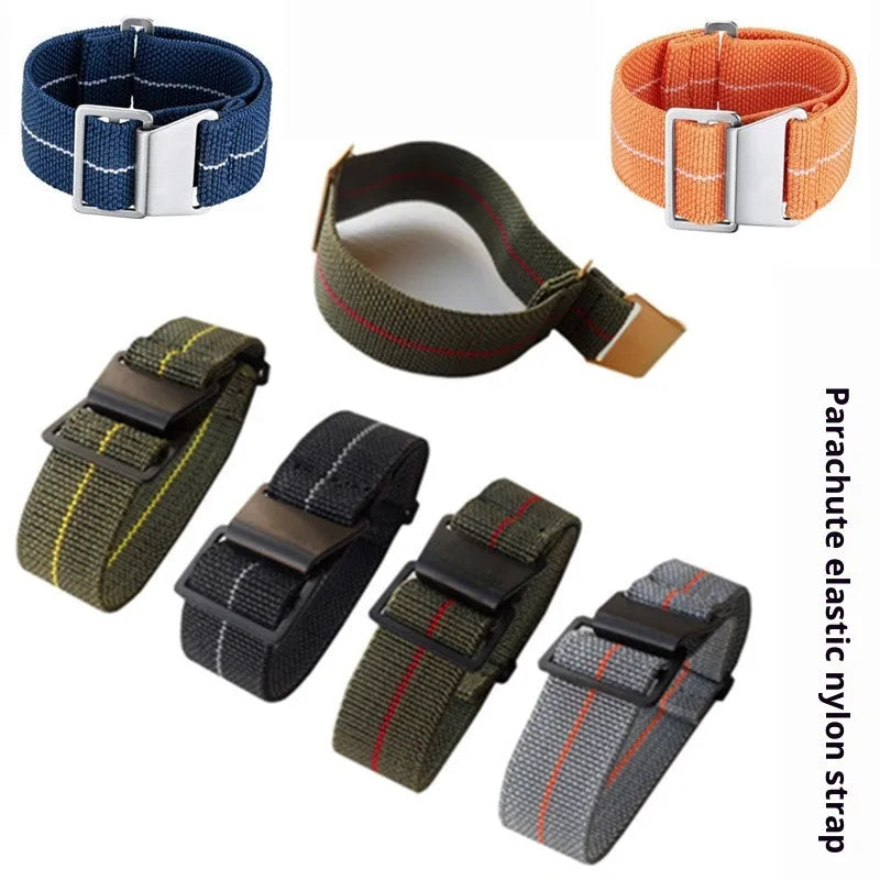 Elastic nylon parachute watchband in green with silver buckle, 20mm width