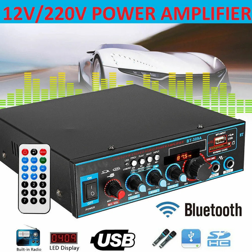 BT-309A-A black dual-purpose power amplifier with remote control for home and car audio