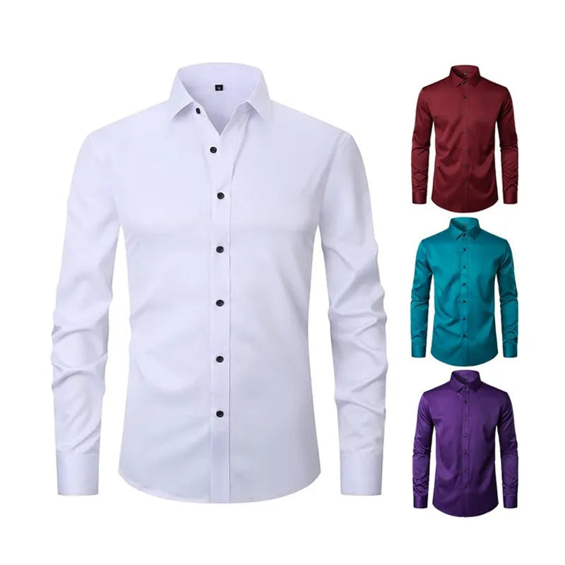 Men's blue stretch long sleeve work shirt made from polyester fabric on a hanger.