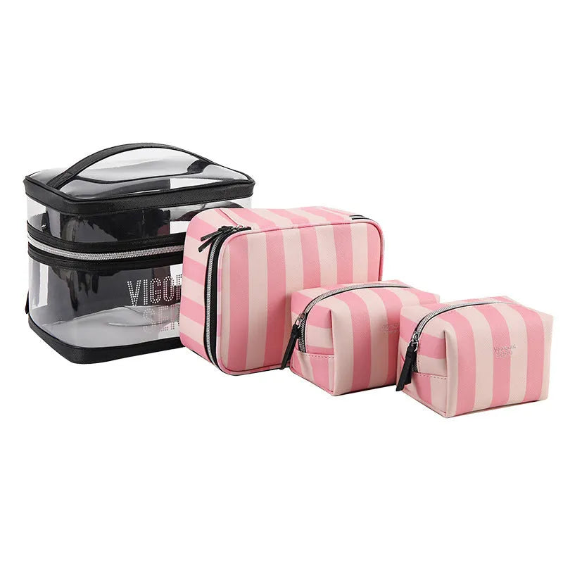 Pink bold stripes buggy bag makeup kit with floral pattern and synthetic leather waterproof design