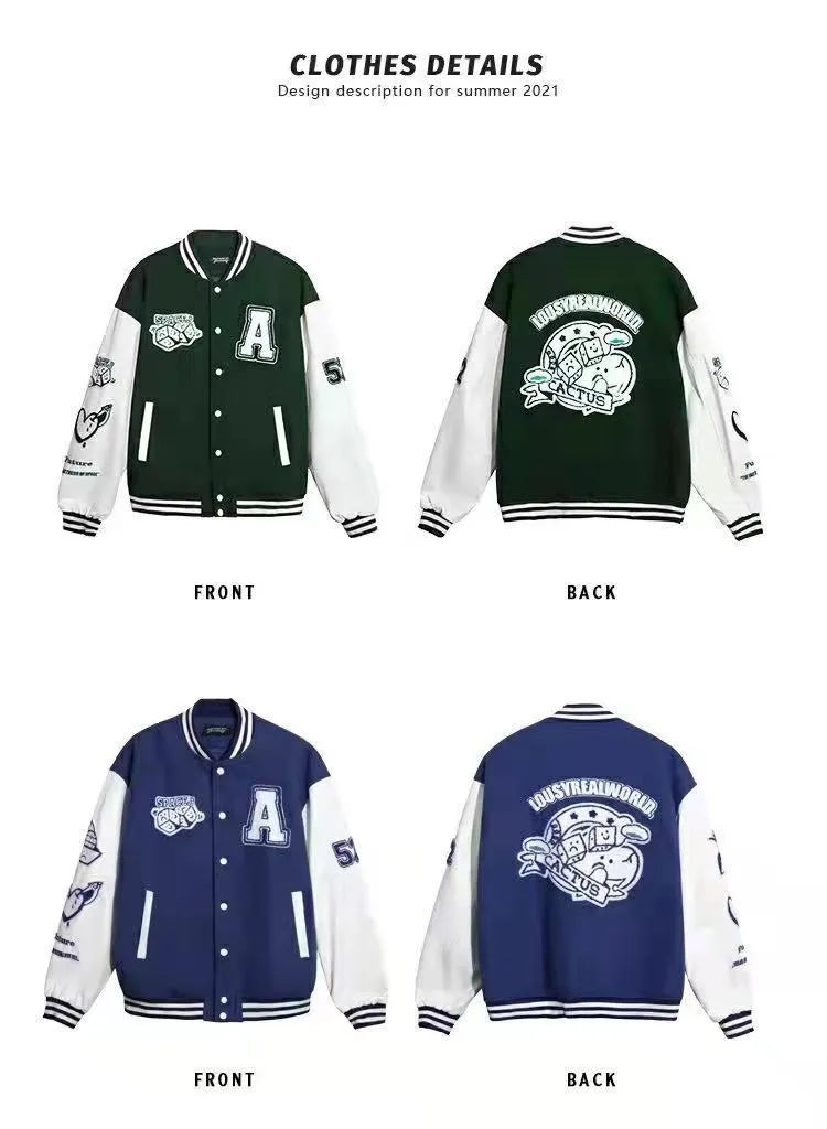 Men's college style stand up collar long sleeve embroidered letter jacket cardigan in black, blue, green
