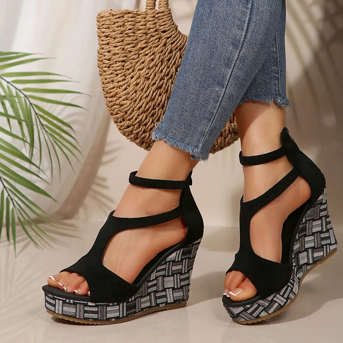 Women's thick-sole slope sandals with ankle strap buckle, fish mouth toe, available in multiple colours