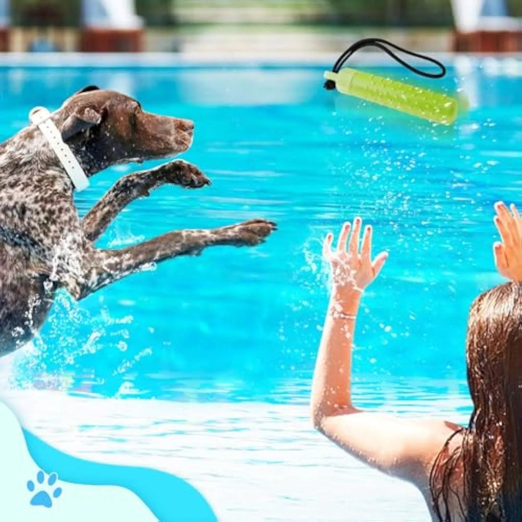Two floating dog pool toys in red and green, TPR material with rope, 240x45mm, floating on water