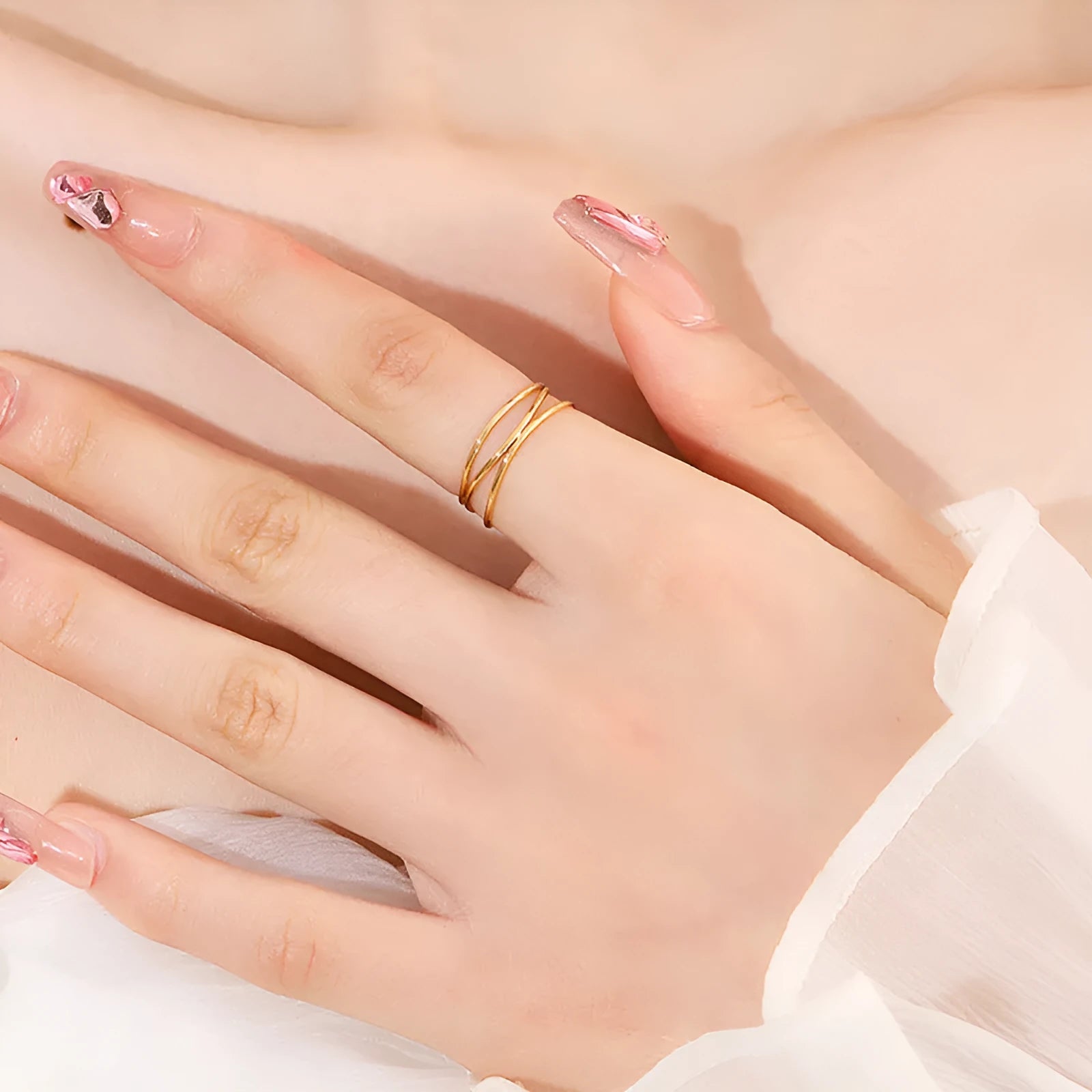 Gold geometric line ring with three-layer coil design in titanium steel