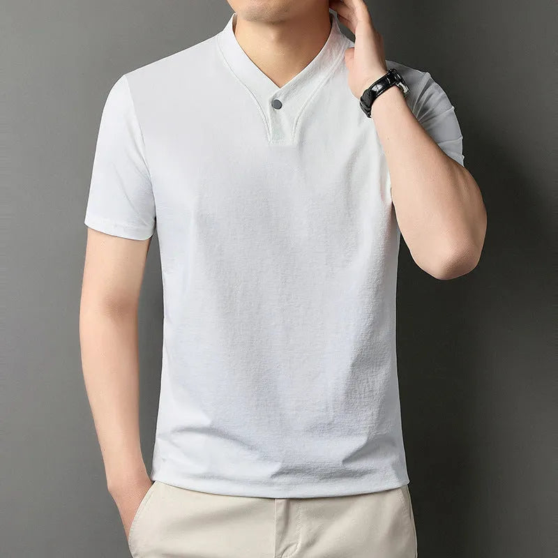 Young men's short sleeve zipper front T-shirt in khaki colour, regular fit, polyester blend fabric for summer casual wear