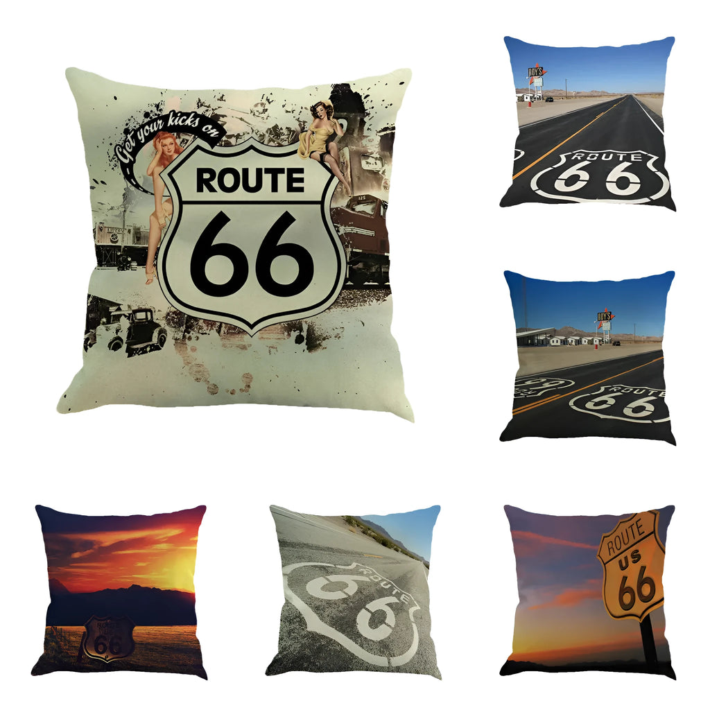 Square linen-blend cushion cover with Route 66 road landscape pattern, shown in one of six available colours.