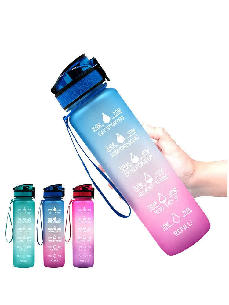 Transparent 1000ml BPA-free Tritan plastic sports bottle with kawaii design, clear body, and cap