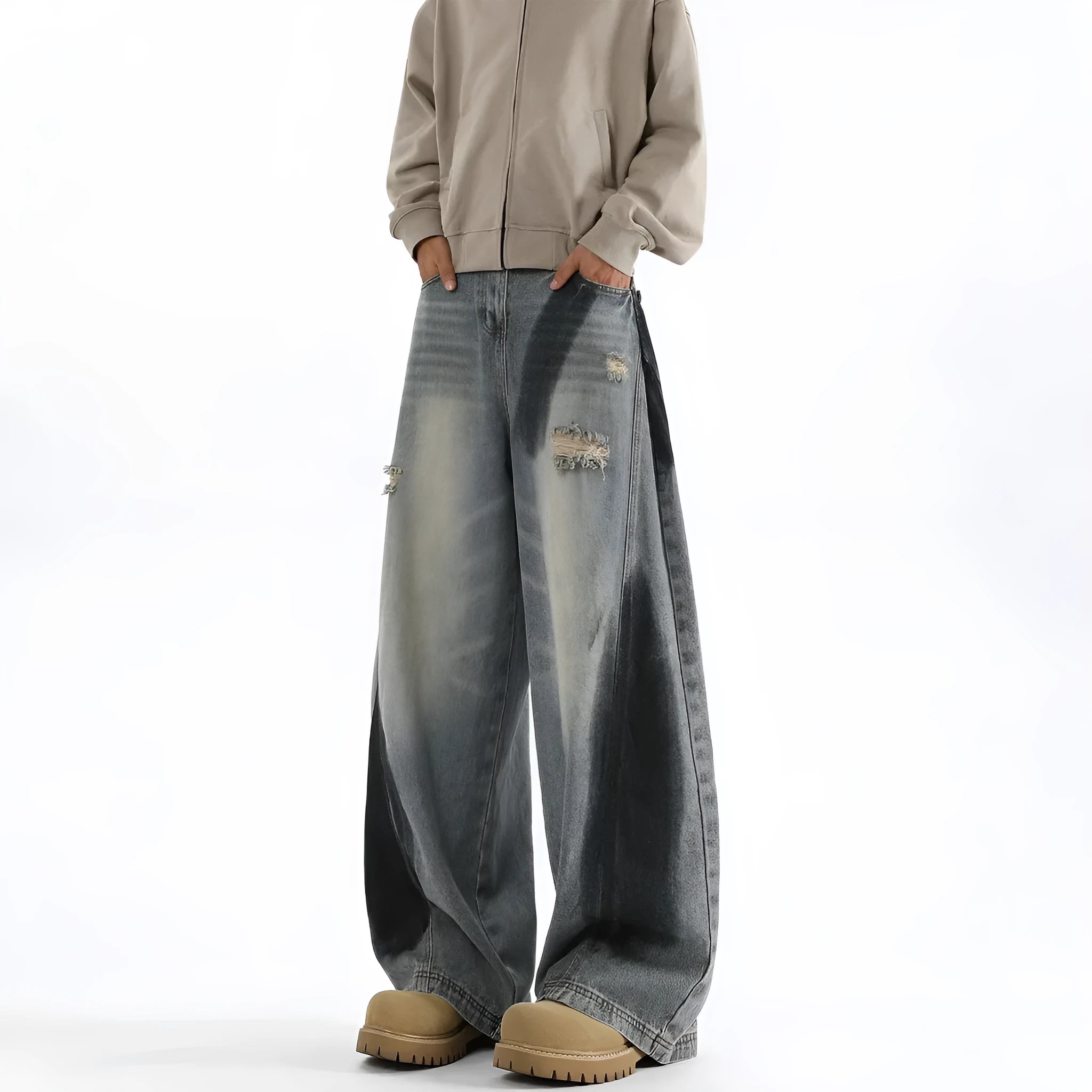 Men's blue American-style splash-ink ripped machete loose fit jeans with cotton fabric and mid waist