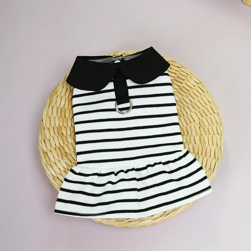 Dog wearing cotton summer stripe T-shirt and skirt outfit in 24 love couple's tops colour
