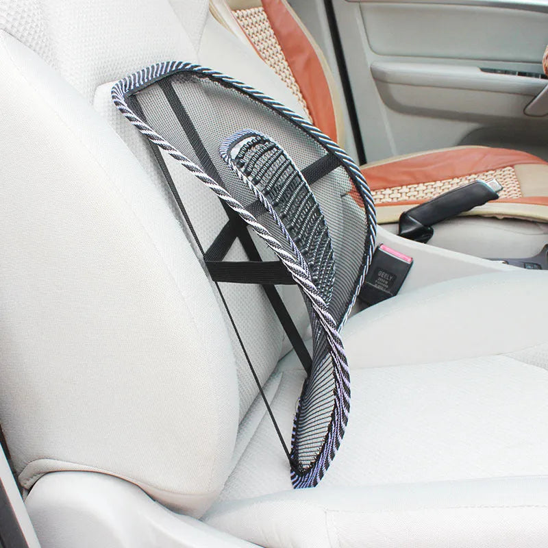 Black polypropylene fibre car lumbar support pillow measuring 41 by 39 centimetres
