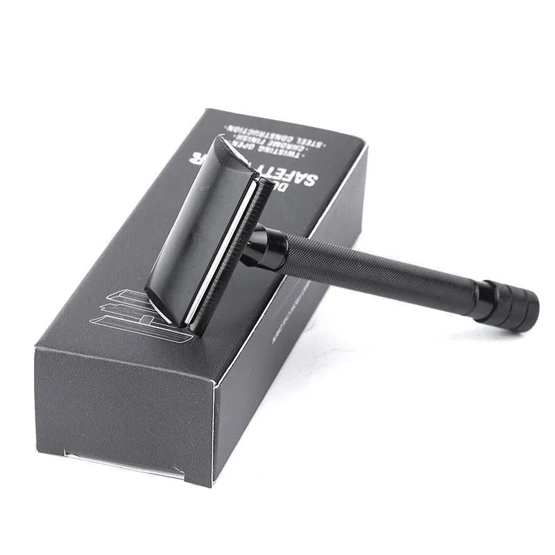 Manual shaving razor with brush combination in black or silver metal finish
