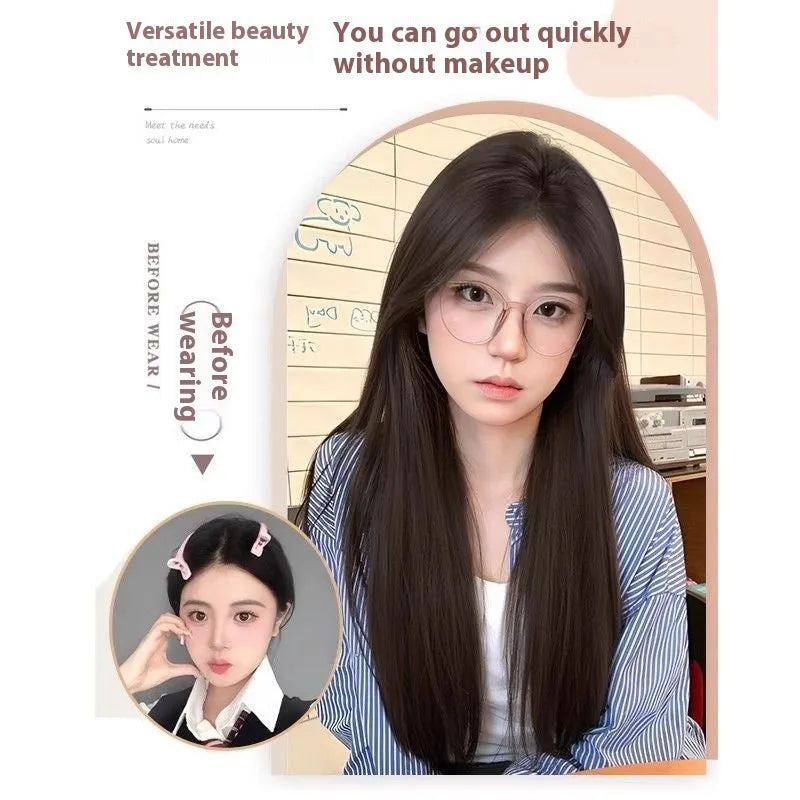Forehead lace wig mid-length natural black long straight style on mannequin with hair net and clips