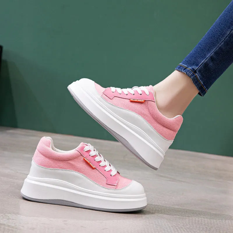 Women's thick-soled leather board shoes in pink and beige colours for height increase