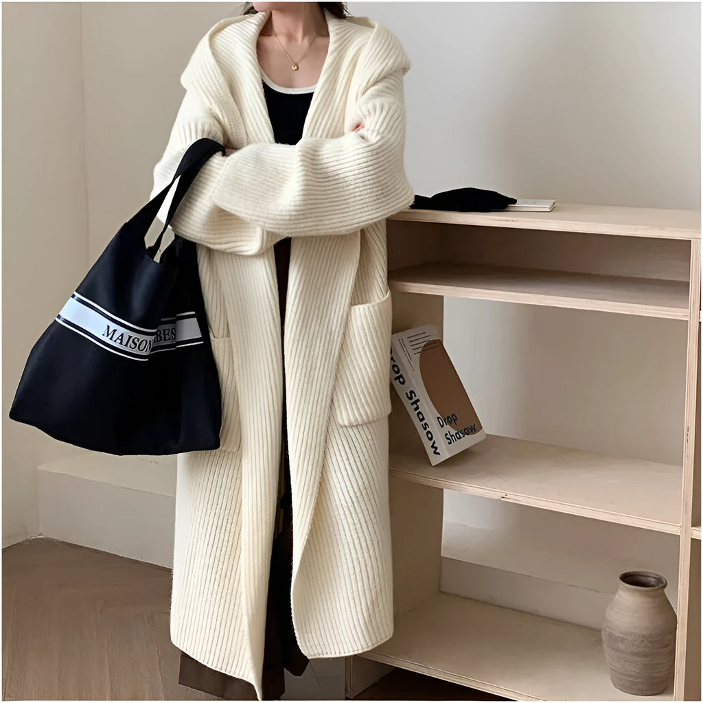 Women's loose hooded cardigan coat in acrylic fabric with extended length and raglan sleeves