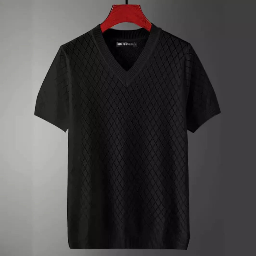 Men's ice silk V-neck t-shirt with cut-out detail in black and white colour options