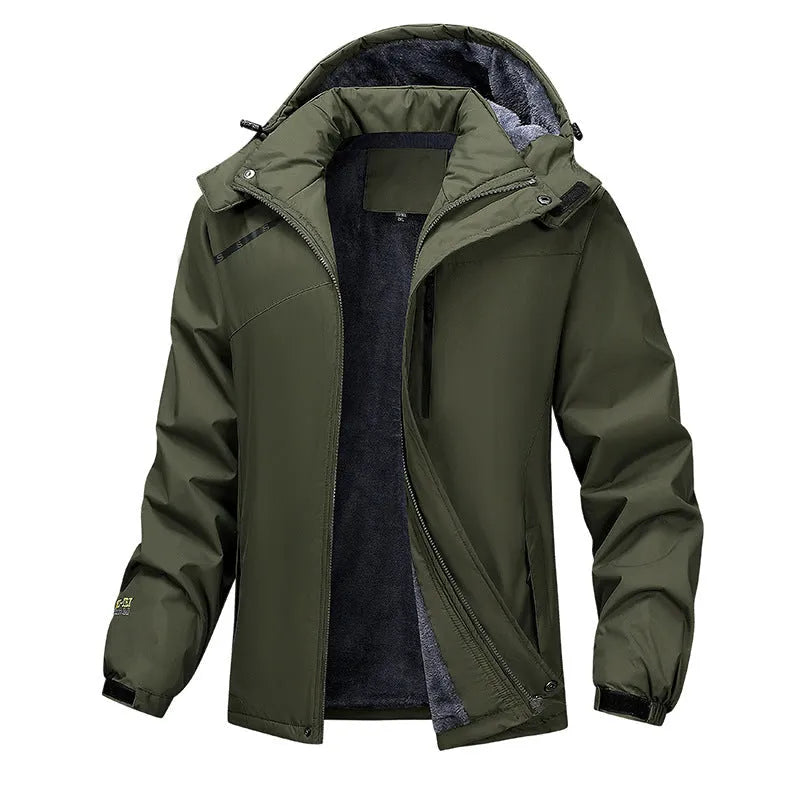 Men's plus size loose fit hooded waterproof coat in army green colour