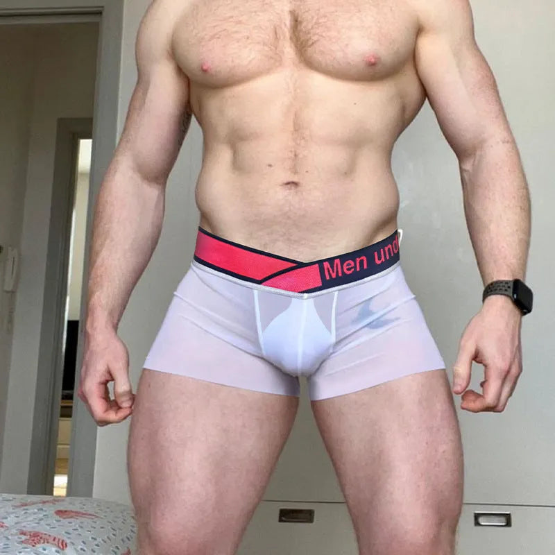 Men's seamless low waist gradient laser cut nylon underwear in black, red, and white colours for sports