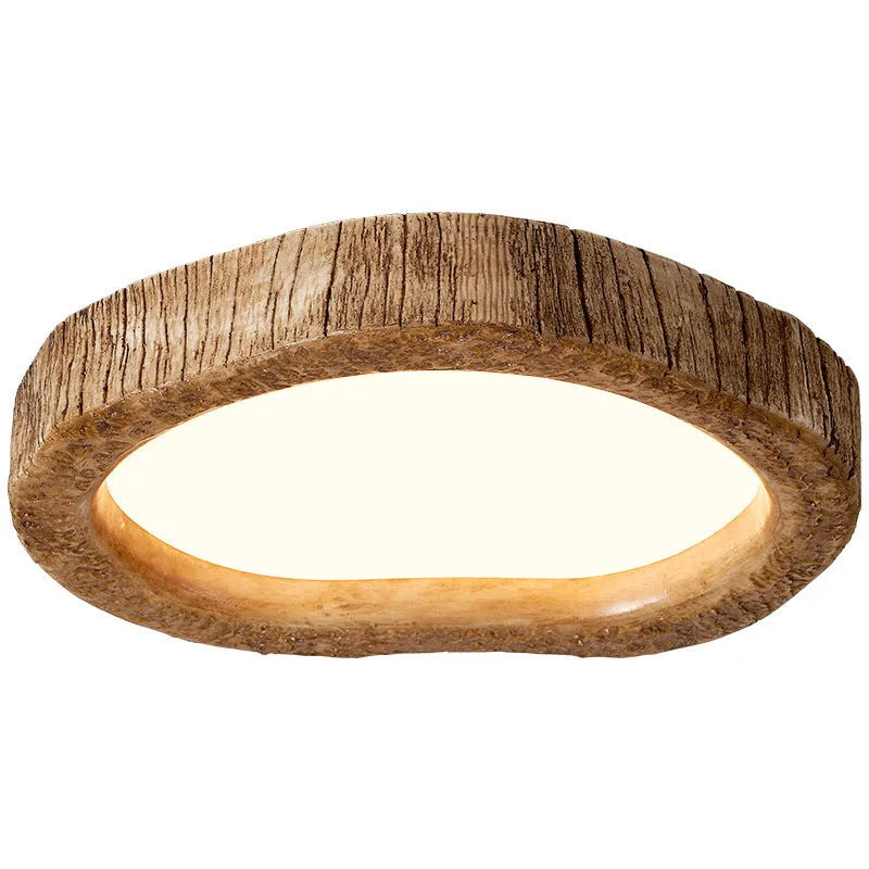 Round wood grain finish ceiling lamp in New Chinese style, shown in a bedroom setting.