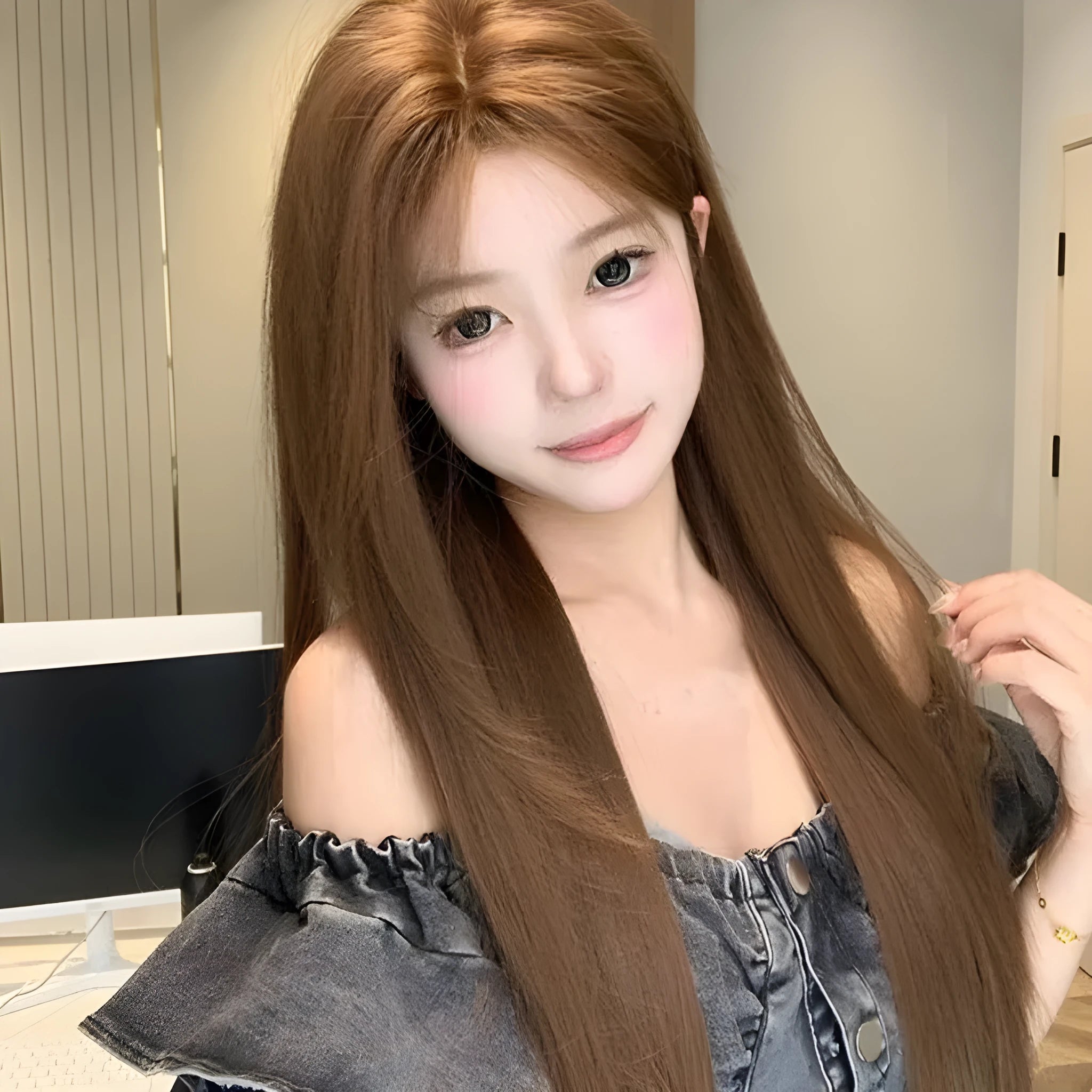 Warm brown long straight wig with centre-parted bangs and forehead lace, natural style