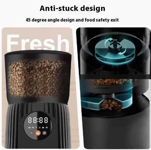 Black and white intelligent pet feeder with USB connection for automatic timed feeding