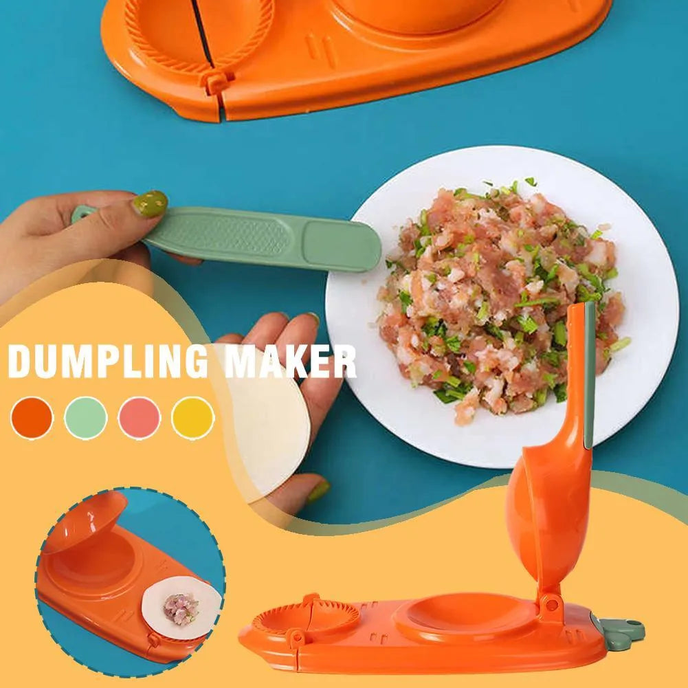 2-in-1 dumpling skin press tool in orange, made of food-grade plastic, with ergonomic handle and hanging hole