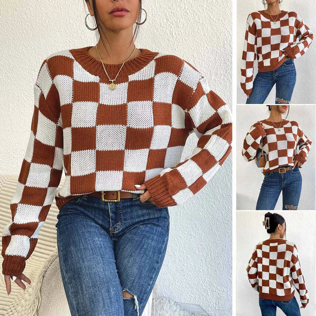 Dark brown chessboard plaid pattern acrylic pullover sweater with loose fit and round neck