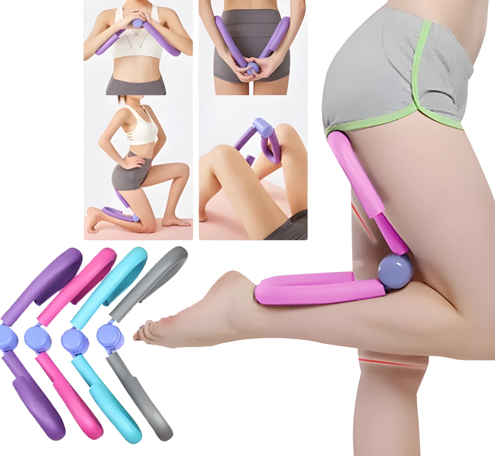 Leg exercise thigh master with pink foam padding and steel spring on white background