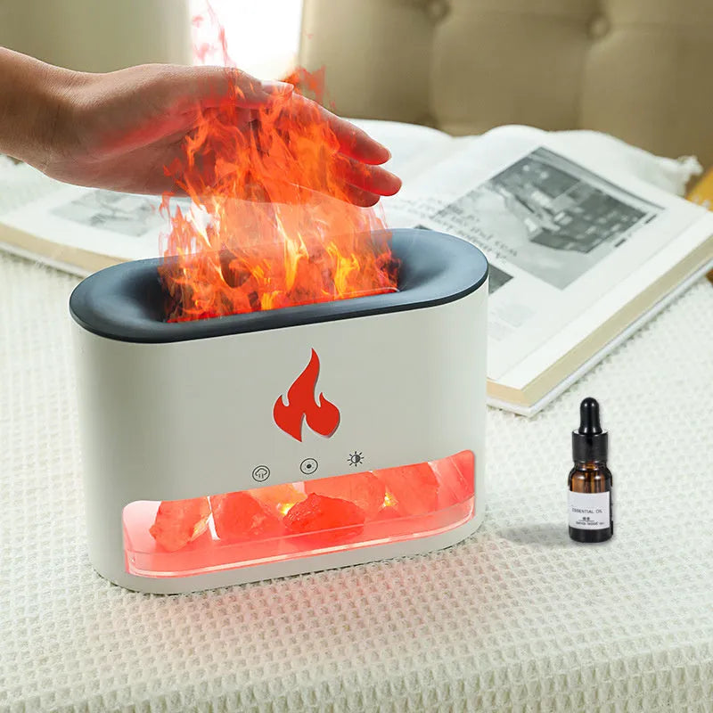 New Flame Humidifier with 3D simulation flame, crystal salt stone, colourful night light, USB powered, white shell