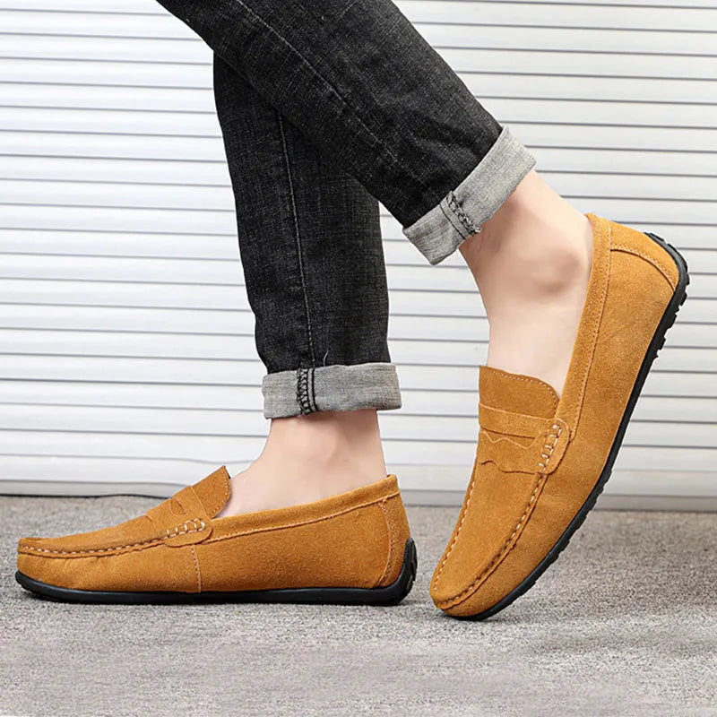 Men's suede loafers slip-on casual shoes cowhide leather round toe rubber sole