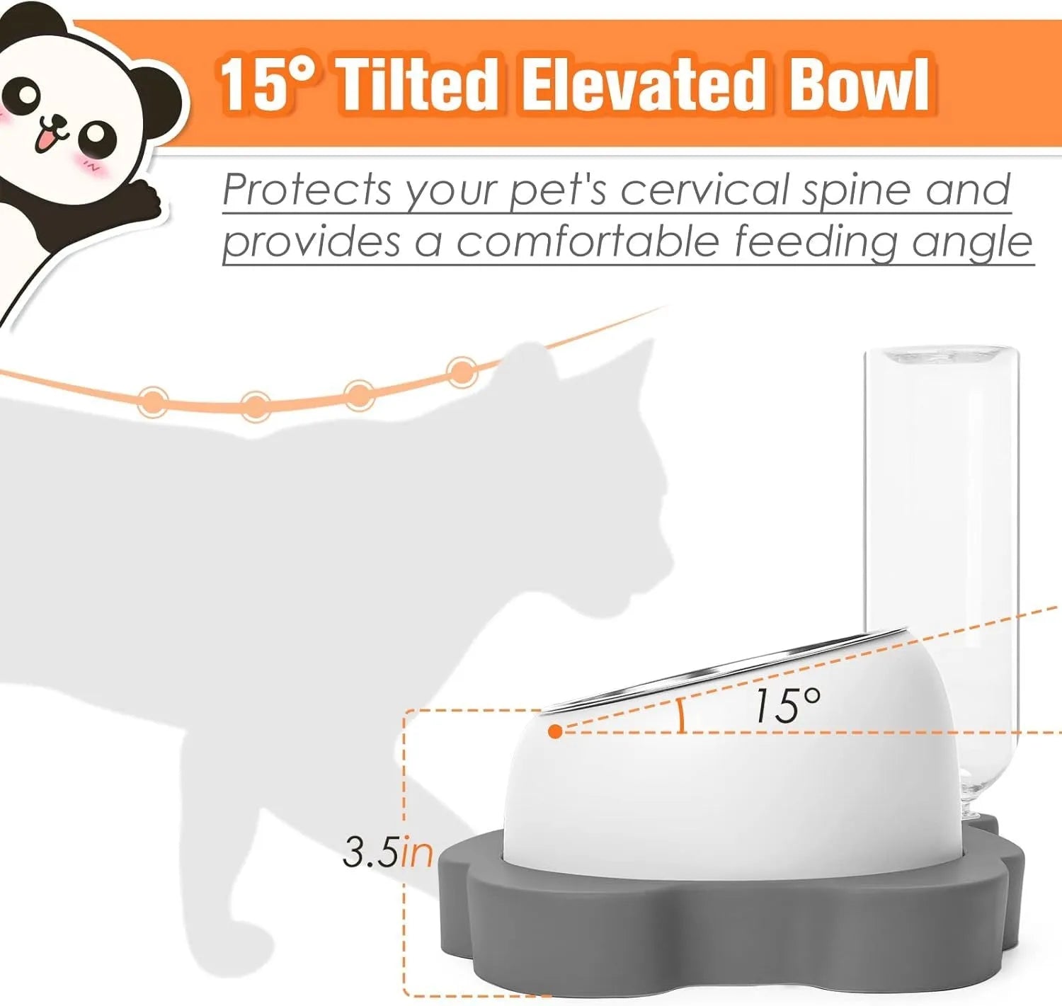 Grey panda-shaped elevated pet bowl set with automatic water dispenser and tilted stainless steel food bowl