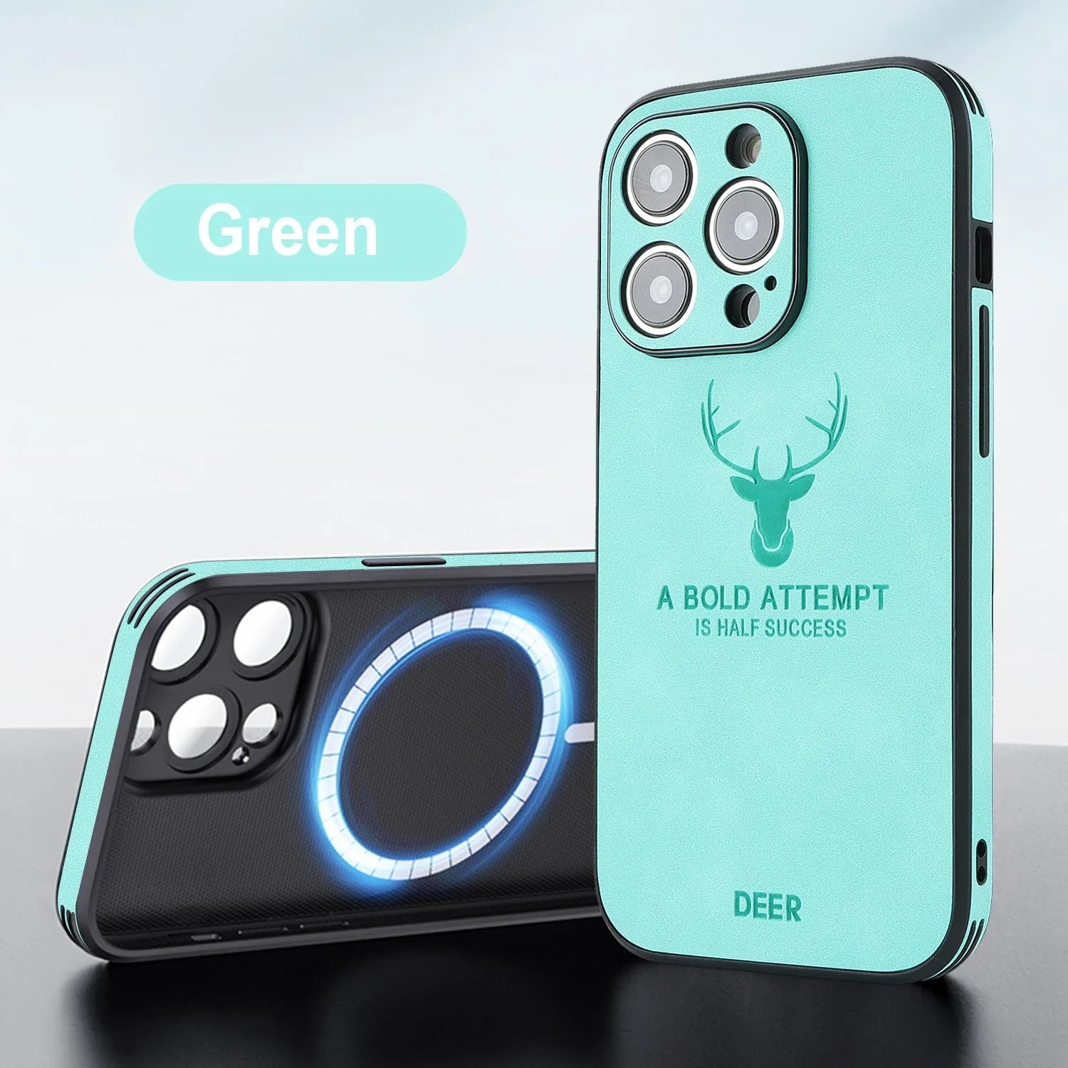 iPhone 16 magnetic charging case with embossed moose head design on imitation leather in multiple colour options