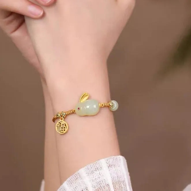Natural Hetian jade rabbit bracelet with yellow string cord for women