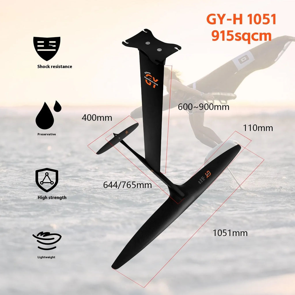 Black carbon fibre and aluminium alloy hydrofoil for surfing with 1051mm wide front wing