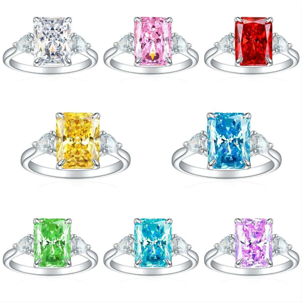 S925 silver rectangular rhinestone ring in eight colours, US sizes 5-10