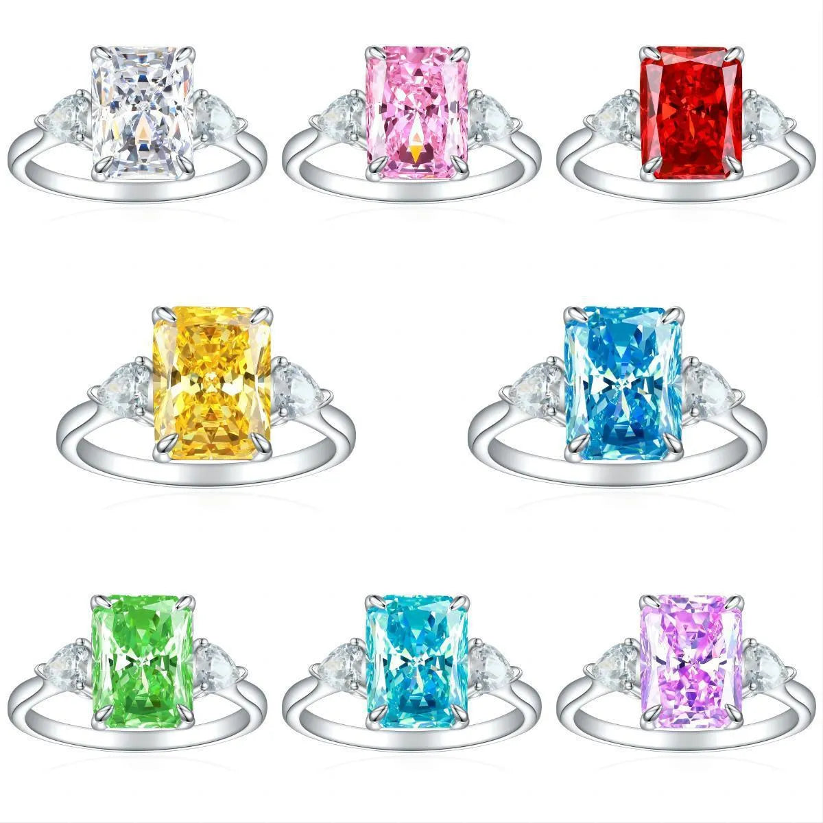 S925 silver rectangular rhinestone ring in eight colours, US sizes 5-10