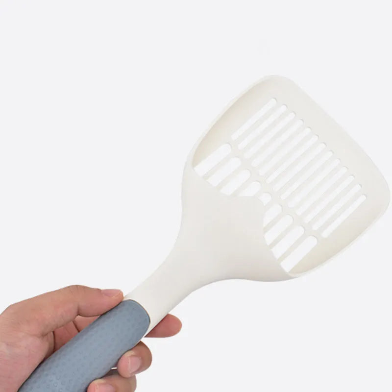 Cat litter shovel with large slot scoop for tofu litter, 30 cm long, in grey plastic