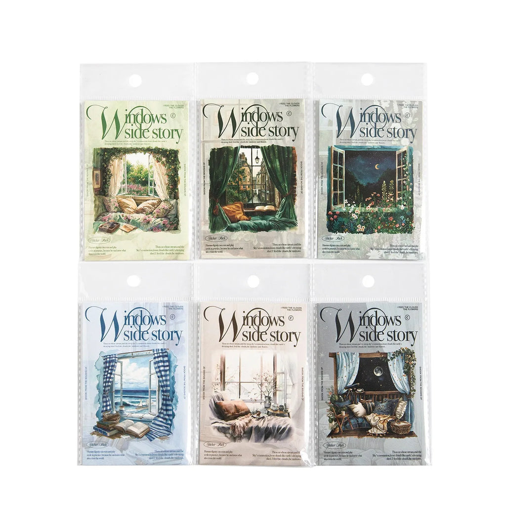 Set of retro-style decorative journal stickers featuring six different printed window scene designs.