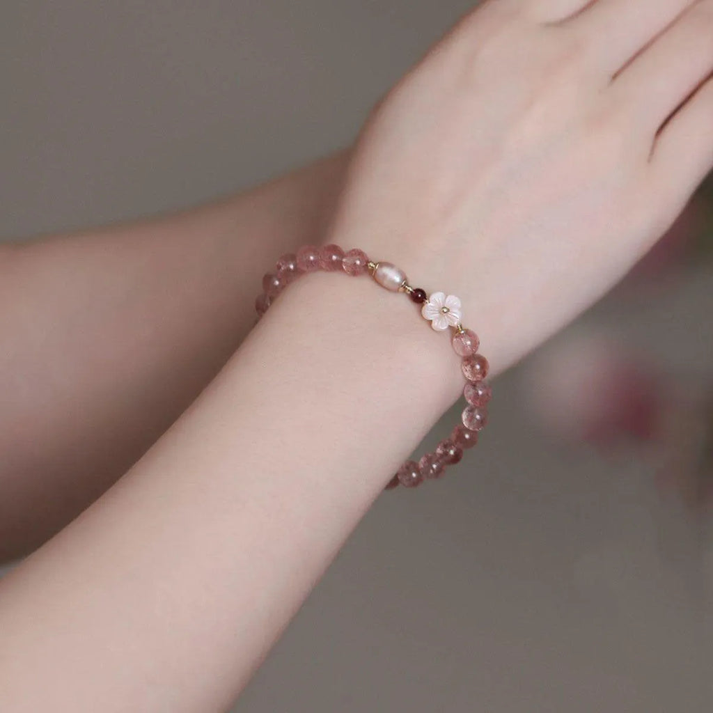 Strawberry quartz crystal bracelet with peach blossom flower design for women's casual jewellery