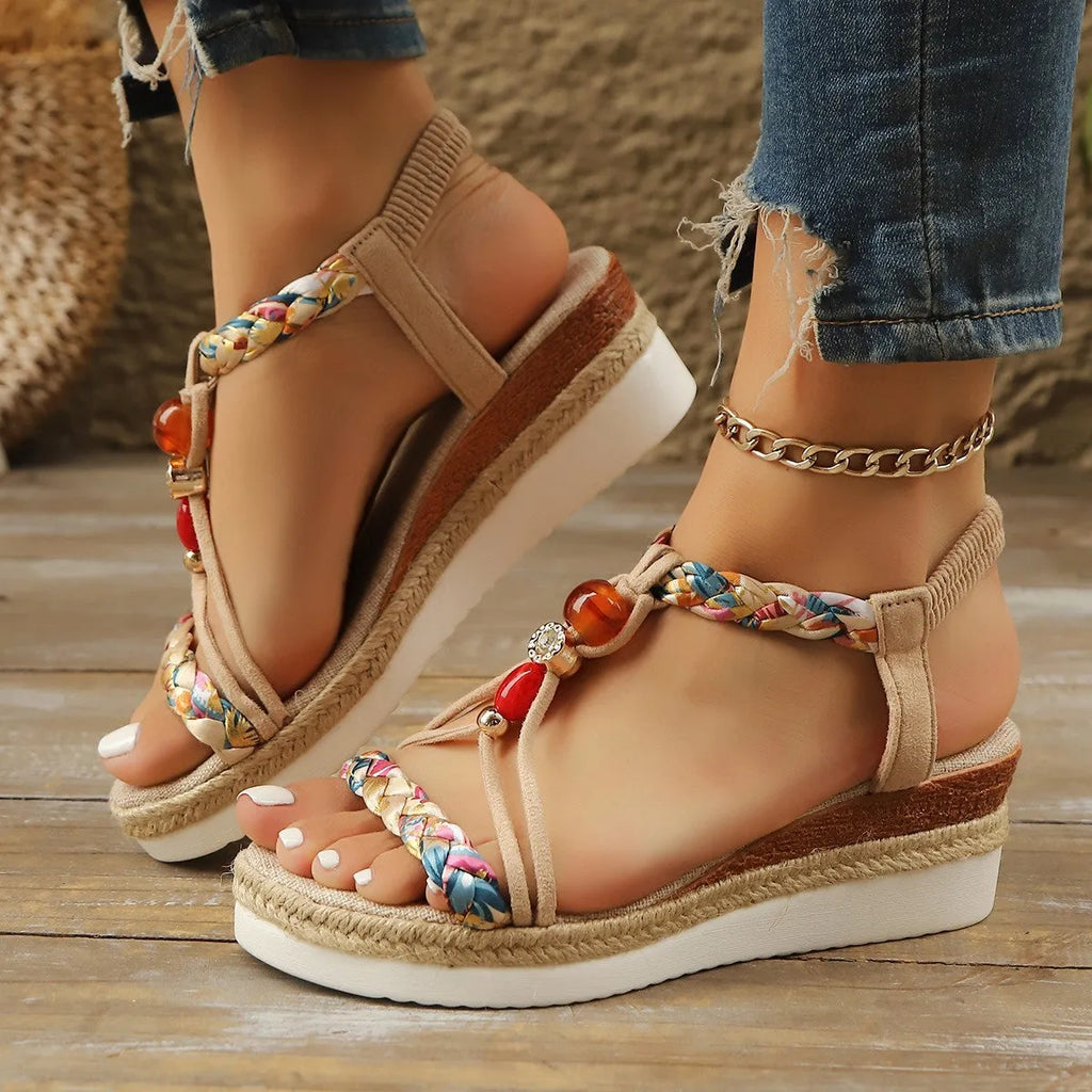 Rhinestone beaded wedge platform high heels in apricot colour with fish mouth toe and elastic band